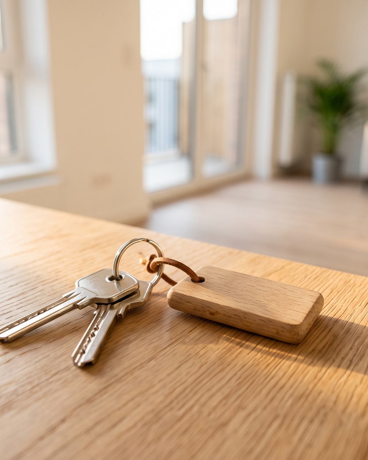Wohnungsschlüssel auf einem Holztisch im Abendlicht