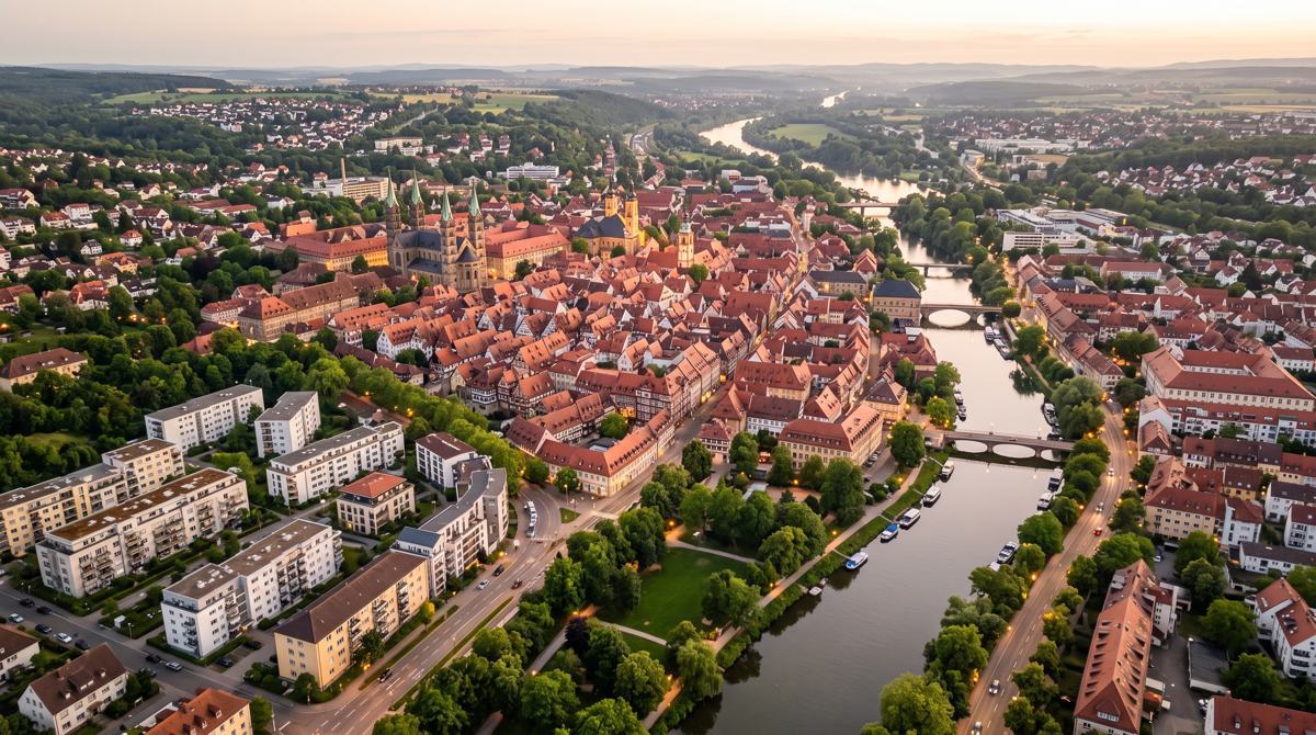 Luftaufnahme einer mittelgroßen deutschen Stadt im Abendlicht