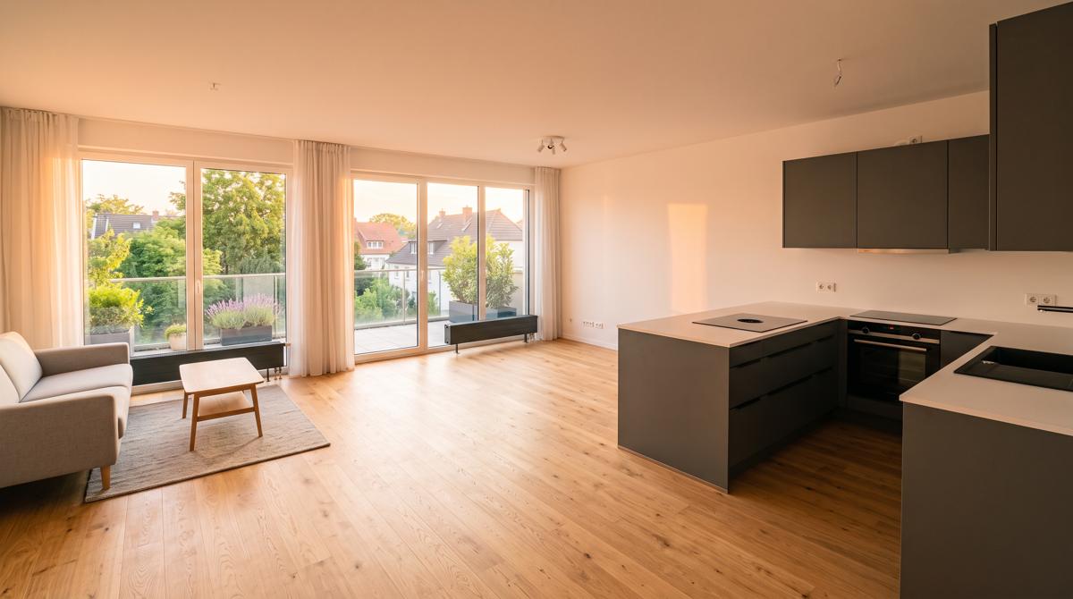 Helle, moderne Wohnung mit Küche und bodentiefen Fenstern